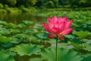A serene pond featuring blooming lotus flowers