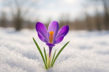 Naklejka premium A vibrant violet crocus blossoms amid a snowy landscape during a sunny spring afternoon, with primroses flourishing after winterâ€”perfect for Easter or Motherâ€™s Day covers.