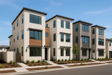 Fototapeta premium Contemporary three-story single-family homes in a suburban neighborhood featuring private side courtyards and upscale finishes.
