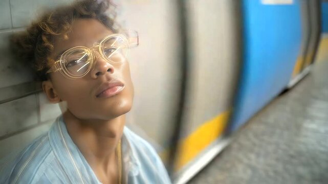 A young man wincing at a subway train's rumble