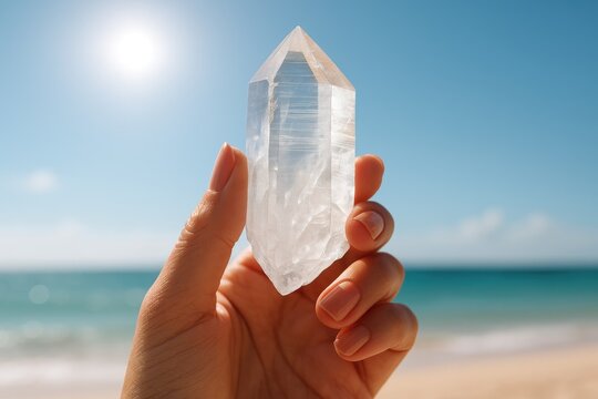 Close-up of a macro mineral stone with a Lemurian crystal on a white background
