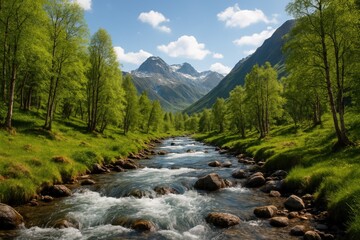 Obraz premium Valley landscape featuring a flowing mountain creek