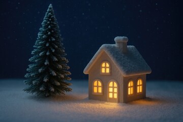 Naklejka premium Festive winter scene featuring a tiny holiday house surrounded by snow and a pine tree under a starry night sky