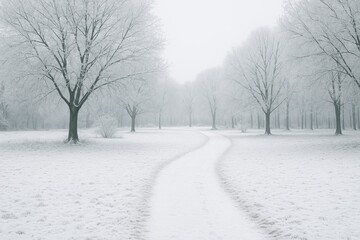 Fototapeta premium Winter landscape with snow-covered trees and park pathways
