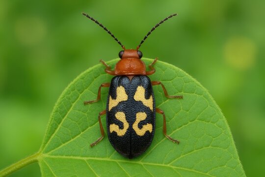 Close-up of a Tumbling Flower Beetle on a leaf showcasing its intricate pattern