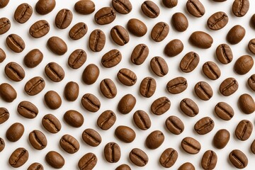 Obraz premium Close-up of scattered roasted coffee beans on a white background