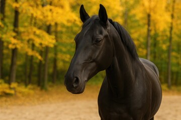 Obraz premium Silhouette of a dark horse against a vibrant autumnal forest scene