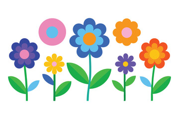 Colorful Flowers with Stems, Leaves, and a Pink and Blue Circle on White