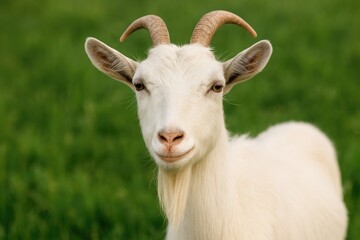 Portrait of a farm goat utilized for dairy, meat, and hide production worldwide