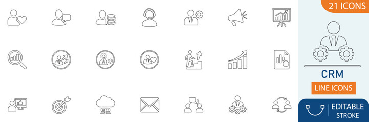 Customer relationship management best line icon set. Perfect for CRM, marketing, client data, segmentation, reports, cloud systems and strategic communication visuals.