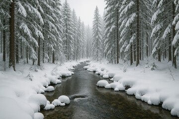 Beautiful winter woodland featuring a gentle stream