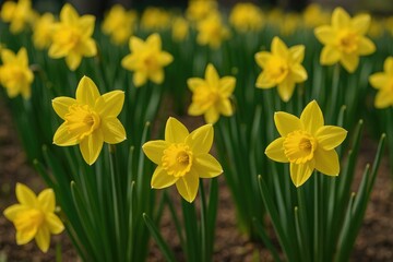 Obraz premium Vivid Japanese daffodil blossoms in a garden bed