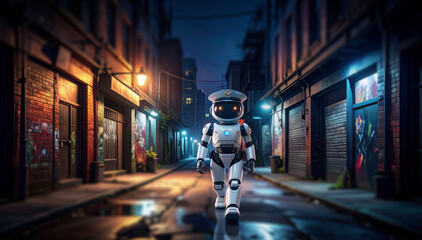 Police Robot Patrolling Night Alley: Illustration for Future Public Order, Urban Security, and Smart City Protection. Ideal for content on nocturnal surveillance, safe urban environments, and technolo