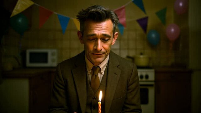  Middle-aged white man sitting alone in decorated kitchen with birthday cake and candle. Concept of loneliness, aging, and emotional reflection on special days