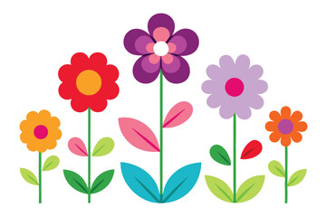Colorful Retro Flower Illustrations Red, Purple, Lavender, and Orange Flowers on White