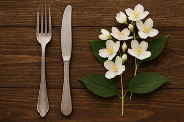 Naklejka premium Elegant dining utensils alongside a floral jasmine bouquet on a rustic wooden surface