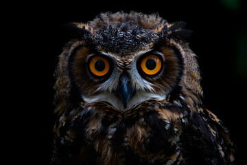 Obraz premium Great horned owl with piercing yellow eyes in a detailed close-up portrait of a majestic bird of prey, AI generated