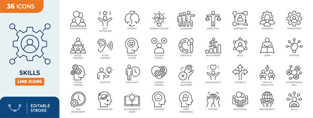 Skills line editable icon set. Containing communication, empathy, assertiveness, personality, problem-solving, creativity, punctuality, work ethics, and more