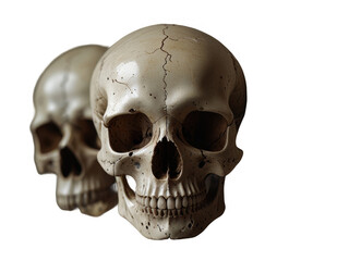 Obraz premium Two human skulls close together on a black background studio shot art