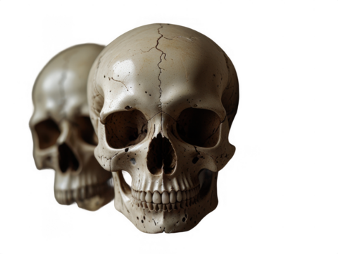 Two human skulls close together on a black background studio shot art