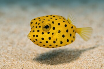 Young yellow box fish gliding above sandy shoreline