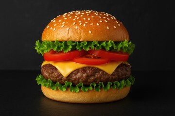 Crafting a homemade beef burger displayed on a dark slate surface