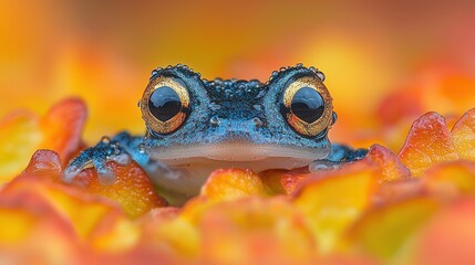 A blue frog with goldringed eyes rests among orange and yellow leaves