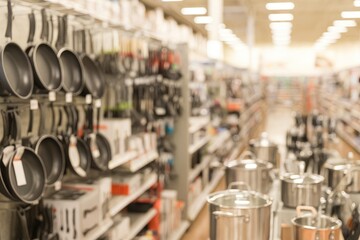 Out-of-Focus Collection of Cooking Equipment and Utensils for Kitchen Use at Retail Store