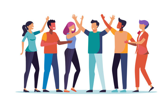 Unity and Togetherness: A group of individuals stands united, celebrating their collective success and shared aspirations. High fives and open arms express camaraderie and achievement.