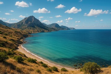 Scenic views of coastal regions, including oceans, mountain ranges, and rolling hills