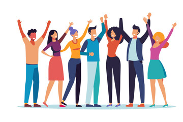 Obraz premium Vibrant Community: A diverse and animated group of individuals celebrates their collective achievements with upraised arms in a lively and colorful vector graphic.