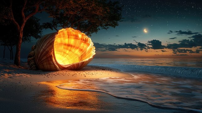 Illuminated seashell on a beach at twilight.