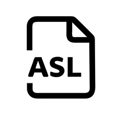 Minimal icon of a document labeled "ASL", representing American Sign Language content, translation, or accessibility resources.
