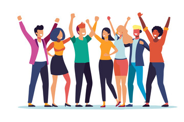 Obraz premium Celebratory Unity: A vibrant illustration of a diverse group of friends standing together, raising their arms in a gesture of solidarity and shared elation.