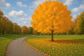 Obraz premium Scenic autumn view featuring a serpentine path bordered by vibrant yellow foliage and a solitary tree with colorful leaves. The ground is layered with fallen leaves, capturing the essence of fall in