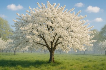 Fototapeta premium Springtime display of expansive white cherry blossom clusters on a blooming orchard tree