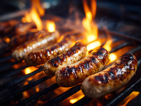 bratwursts cooking on flaming grill