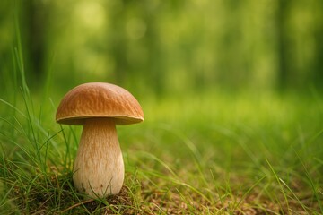 Wild boletus mushrooms growing amidst lush grass in a dense forest setting with ample space for text