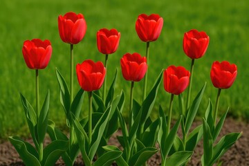 Obraz premium Vibrant red tulips arranged in a garden bed against lush greenery, symbolizing springtime renewal. Perfect for design inspiration.