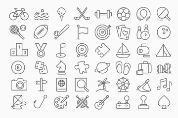 Set of 50 line icons related to activity, sports, play, vacation, leisure, hobby, recreation, Editable stroke.