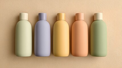 Colorful minimal composition of five pastel cosmetic bottles on beige background perfect for beauty branding, skincare product design, and modern minimalist packaging visuals