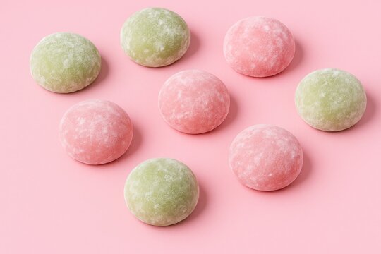 Assortment of mochi sweets displayed on a pink backdrop