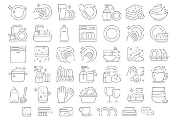 Set of 50 line icons related to dish wash, clean dishes, hygiene, plate, sponge, dishware, tap, foam, household, detergent, dishwasher, Editable stroke.