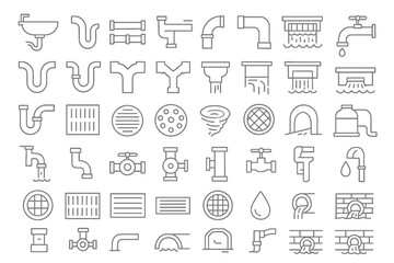 50 Drain & Drainage Line Icons: Pipeline, Sewage & Gutter Editable Stroke