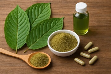 Herbal leaves used for health remedies arranged on a rustic wooden surface