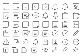  Set of 50 line icons related to notes, sticky note, sheet, reminder, edit, page, notice, Editable stroke.