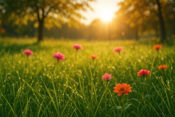 Autumn morning with dewdrops sparkling on lush green grass and vibrant flowers under warm sunlight
