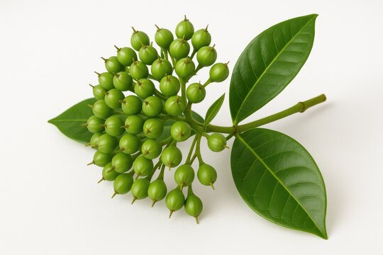 Green Ixora fruits displayed on a white backdrop