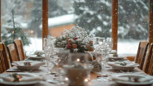 A table with a white tablecloth and a Christmas tree in the background. There are many plates, glasses, and utensils on the table