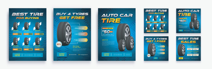 Tire shop flyer and web banner bundle with discount offer. Car tire sale flyer, tire catalog and social media post. realistic tires vector illustration template